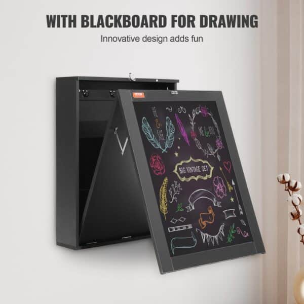 black VEVOR wall mounted desk with blackboard for drawing, featuring colorful doodles and text.