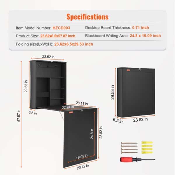 VEVOR wall mounted desk, model hzcd003, with dimensions and tools, highlighting its compact design.