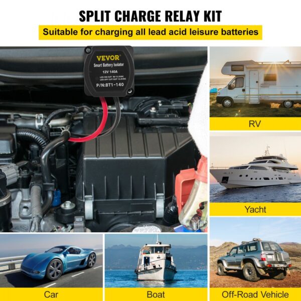 VEVOR split charge relay kit for rvs, yachts, cars, boats, and off-road vehicles. suitable for lead acid leisure batteries.