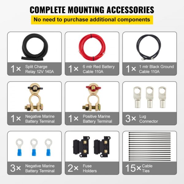 complete mounting accessories for VEVOR split charge relay kit including battery cables, terminals, connectors, and fuse holders.