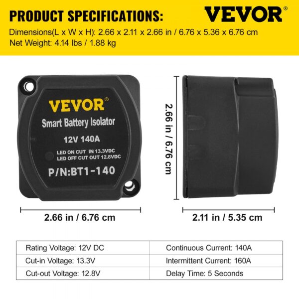 VEVOR split charge relay kit dimensions and specifications with 12v 140a rating.