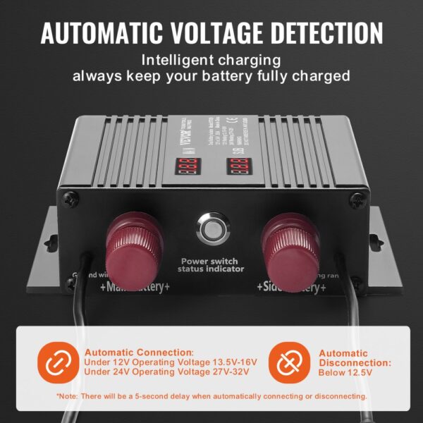 VEVOR battery isolator with automatic voltage detection and intelligent charging, keeping batteries charged.