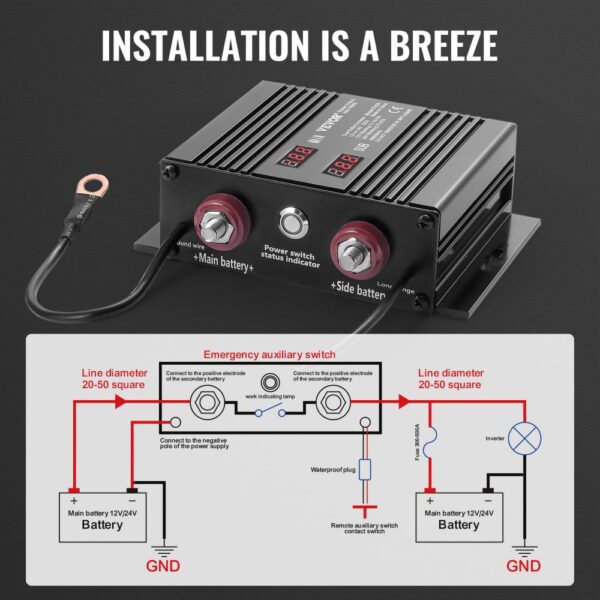 VEVOR battery isolator with wiring diagram and installation guide emphasizing ease of assembly.