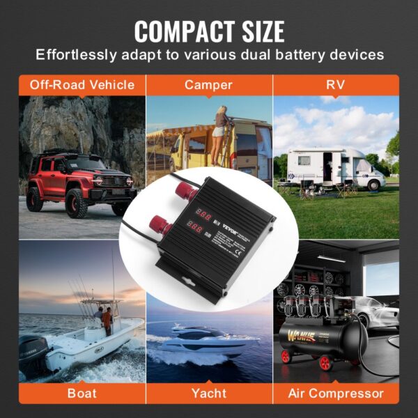 VEVOR battery isolator for off-road vehicles, campers, rvs, boats, yachts, and air compressors.