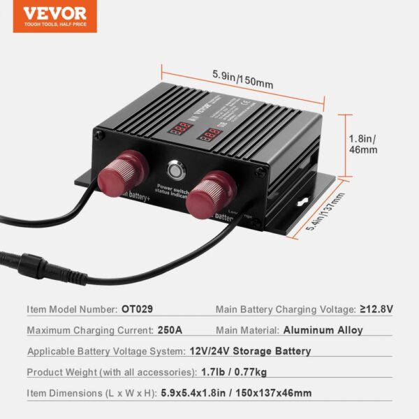 VEVOR battery isolator ot029 250a 12v/24v storage battery aluminum alloy, dimensions 5.9x5.4x1.8 inches.