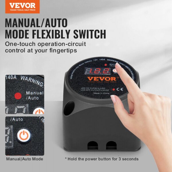 VEVOR dual battery isolator kit with manual and auto mode, one-touch control, and digital display.