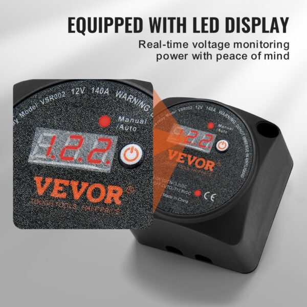 VEVOR dual battery isolator kit with led display showing real-time voltage monitoring at 12.2v.