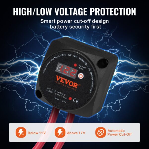 VEVOR dual battery isolator kit with high/low voltage protection and smart power cut-off design.