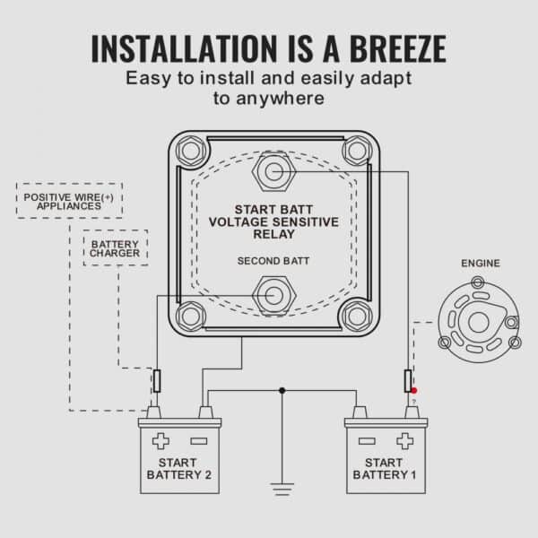 VEVOR dual battery isolator kit wiring diagram with relay, batteries, and engine connections.