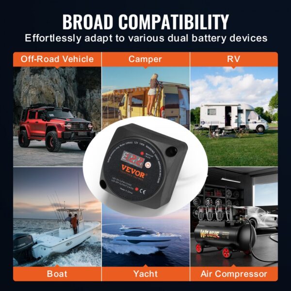 VEVOR dual battery isolator kit for off-road vehicles, campers, rvs, boats, yachts, and air compressors.