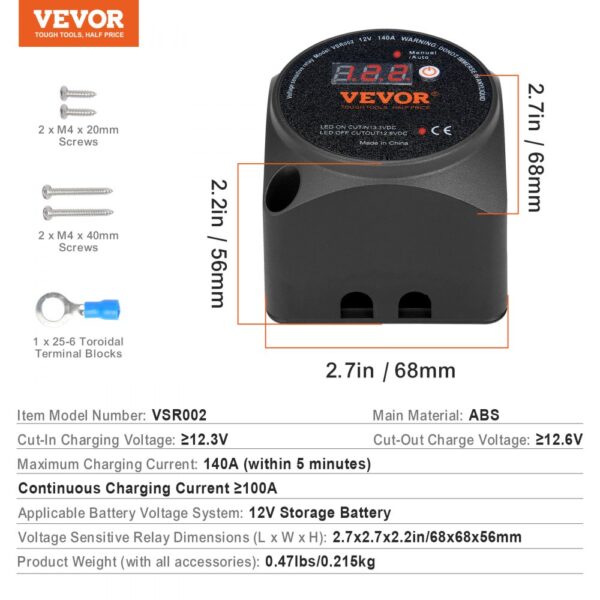 VEVOR dual battery isolator kit specifications with dimensions, screws, terminal blocks, abs material.