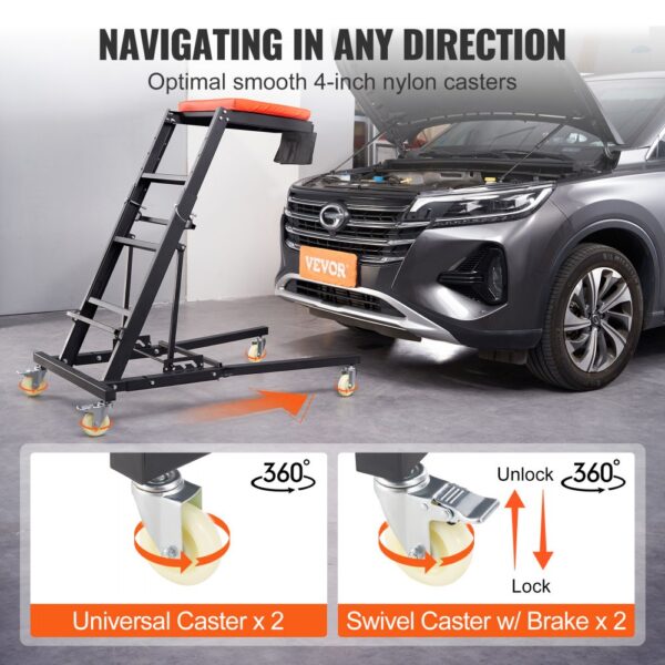 VEVOR automotive top creeper showcasing 4-inch nylon casters for smooth navigation alongside a car.