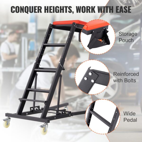 VEVOR automotive top creeper with storage pouch, reinforced bolts, and wide pedal for safe height access.