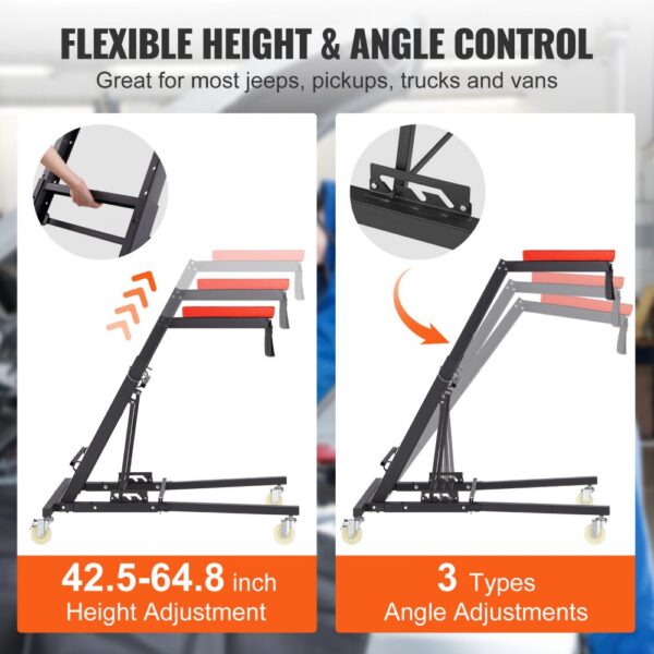 VEVOR engine creeper with adjustable height (42.5-64.8 inches) and three angle settings.