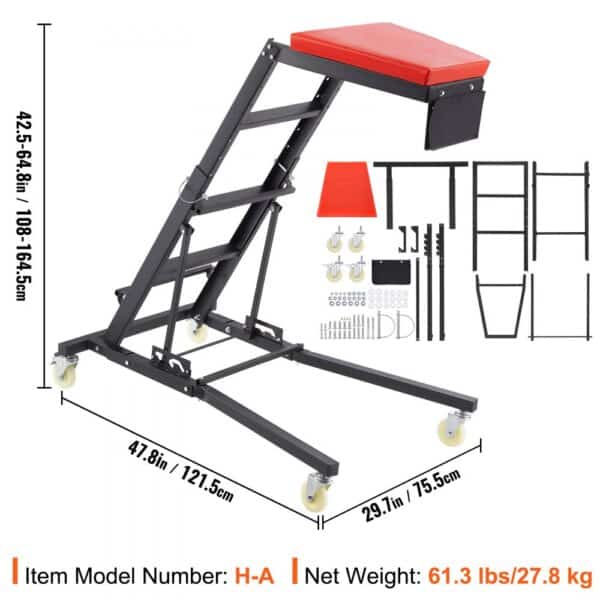 VEVOR engine creeper dimensions and parts, featuring adjustable frame and red padded seat.