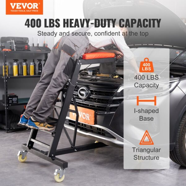 VEVOR automotive top creeper with 400 lbs capacity, i-shaped base, and triangular structure in use.