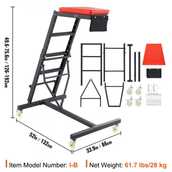 VEVOR automotive top creeper with adjustable height, wheels, and assembly parts, measuring 49.6-75.6in tall.