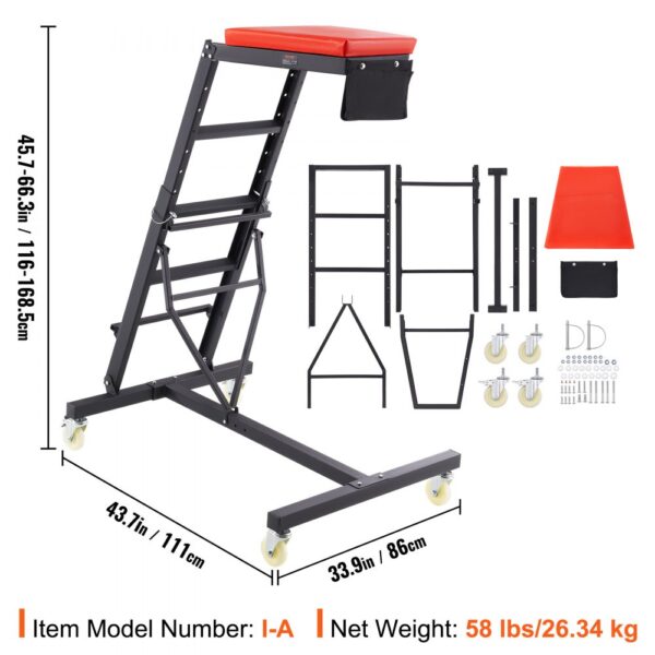 VEVOR adjustable mechanics shop stool, 116-168.5cm height, 58 lbs, disassembled view.