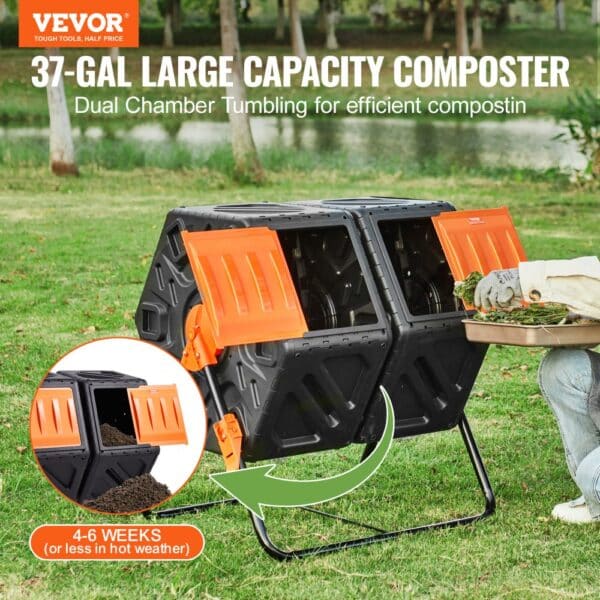 VEVOR compost bin, 37 gal, dual chamber for efficient composting, orange and black, outdoor setting.