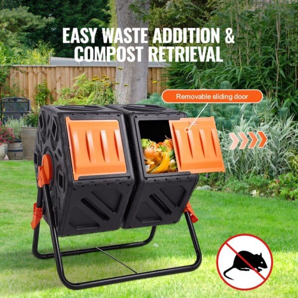 VEVOR compost bin with easy access sliding doors, rotating dual chambers, and sturdy stand in a garden.