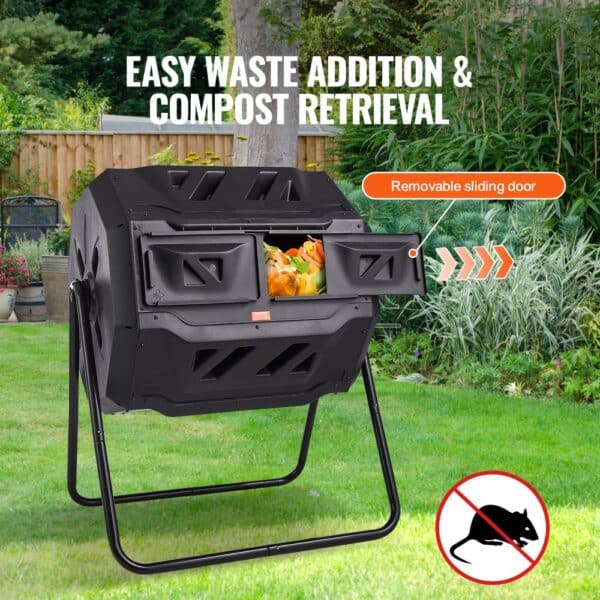 VEVOR Compost Bin, 43-Gal Dual Chamber Composting Tumbler, Large Tumbling Rotating Composter with 2 Sliding Doors and Steel Frame, BPA Free Composter Bin Tumbler for Garden, Kitchen, Yard, Outdoor