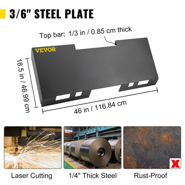 VEVOR skid steer mount plate, 3/6" steel, 46x18.5 in, laser cut, rust-proof, 1/4" thick steel.