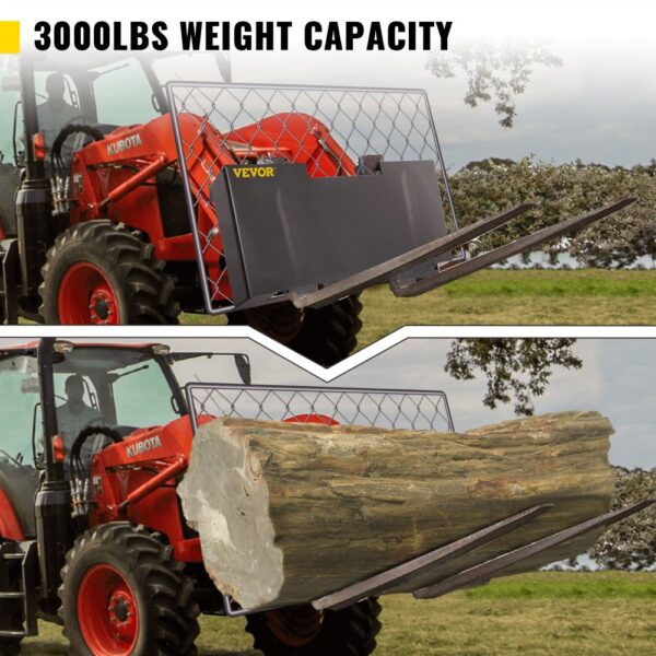 VEVOR skid steer mount plate on a kubota tractor lifting a log, showcasing 3000lbs capacity.