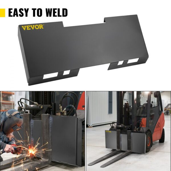 VEVOR skid steer mount plate being welded and attached to a forklift.