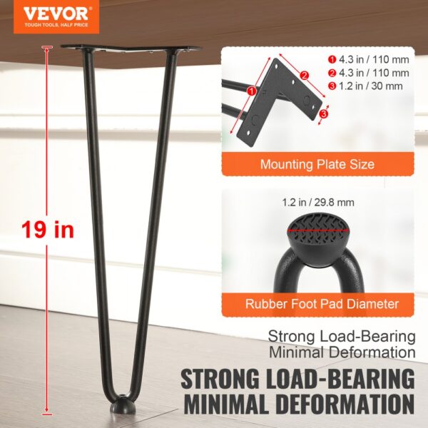 VEVOR 482.6MM Hairpin Furniture Legs, Metal Home DIY Projects for Nightstand, Coffee Table, Desk, 226.8KG Load Capacity with Rubber Floor Protectors, Metal Heavy Duty Sturdy Modern Table Legs, 4PCS