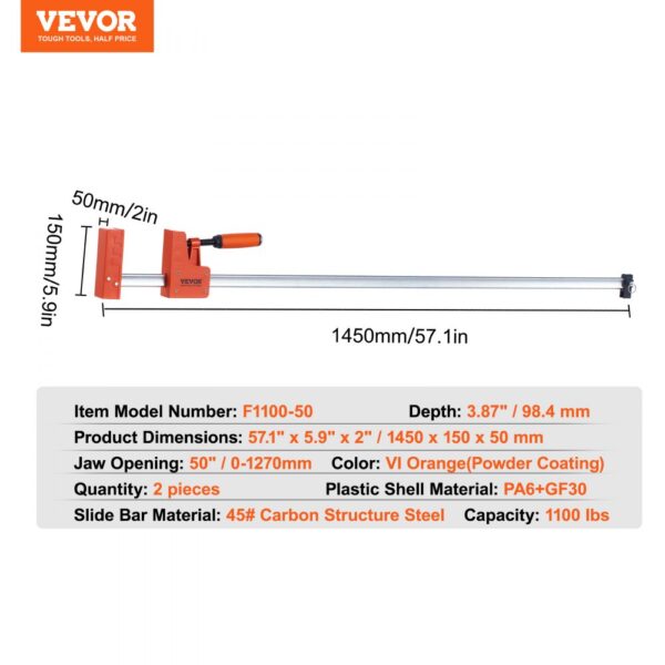 VEVOR woodworking clamps, 57.1" length, 50" jaw opening, 1100 lbs capacity, vi orange color.