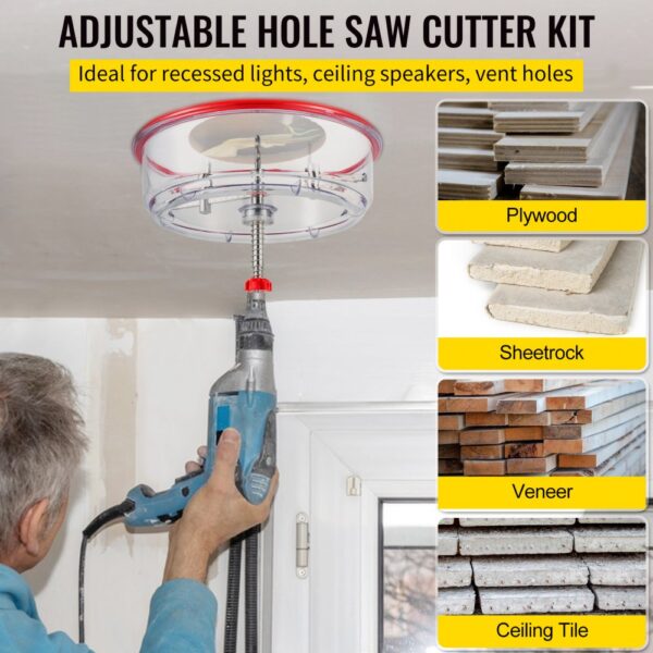 VEVOR hole saw cutter kit in use, showcasing cuts through plywood, sheetrock, veneer, and ceiling tile.