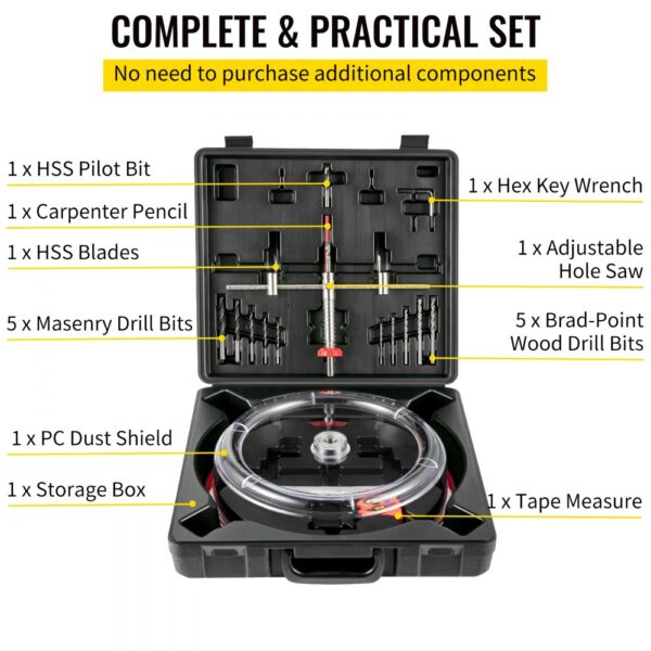 VEVOR hole saw cutter kit with pilot bit, carpenter pencil, hss blades, drill bits, and dust shield.