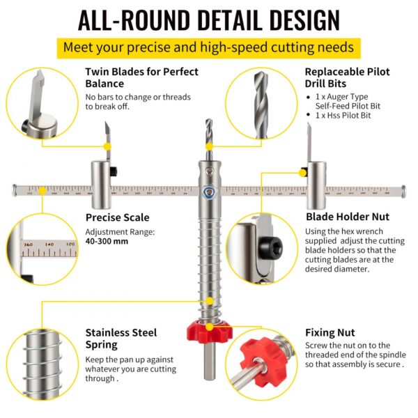 VEVOR hole saw cutter kit with twin blades, replaceable pilot drill bits, precise scale, and fixing nut.