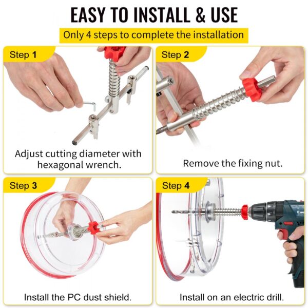 VEVOR hole saw cutter kit installation steps: adjust diameter, remove nut, install dust shield, attach to drill.