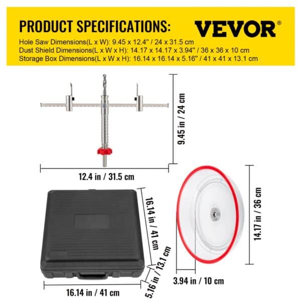 VEVOR hole saw cutter kit dimensions: hole saw 24x31.5 cm, dust shield 36x36x10 cm, storage box 41x41x13.1 cm.