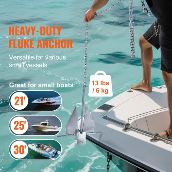 man securing VEVOR fluke anchor kit on small boat, ideal for vessels 21'-30', weighing 13 lbs / 6 kg.