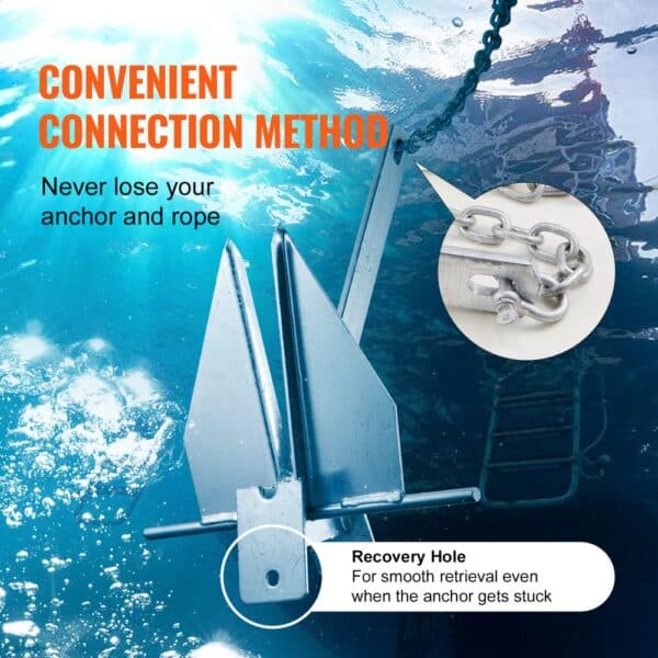 VEVOR fluke anchor kit underwater with flukes, recovery hole, and chain close-up; convenient connection method.