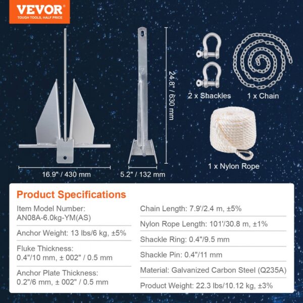 VEVOR fluke anchor kit with anchor, two shackles, chain, nylon rope, and product specifications.