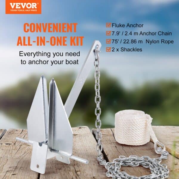 VEVOR fluke style anchor kit with 7.9' chain, 75' nylon rope, and 2 shackles for boat anchoring.