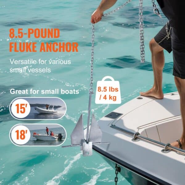 man deploying an 8.5-pound fluke anchor from a boat; VEVOR fluke style anchor kit for small vessels.