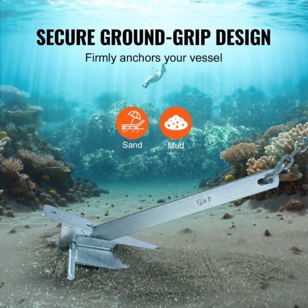 secure ground-grip VEVOR fluke style anchor kit underwater, effective for sand and mud surfaces.