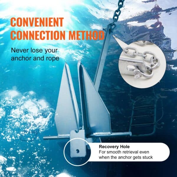 VEVOR fluke style anchor kit underwater, chain connection highlighted, promoting convenient retrieval.