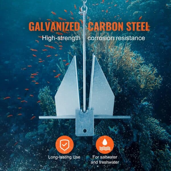 VEVOR fluke style anchor kit underwater, galvanized carbon steel, long-lasting, for saltwater and freshwater.