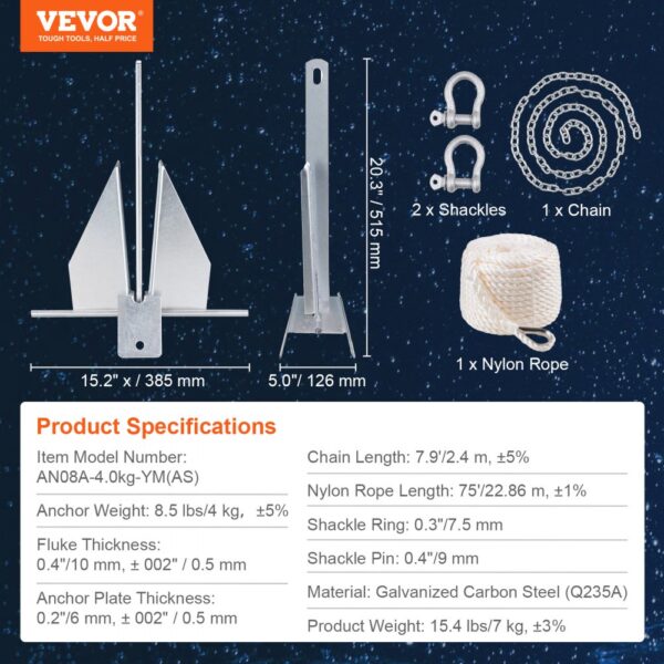 VEVOR fluke style anchor kit with dimensions, shackles, chain, and nylon rope with detailed specs.