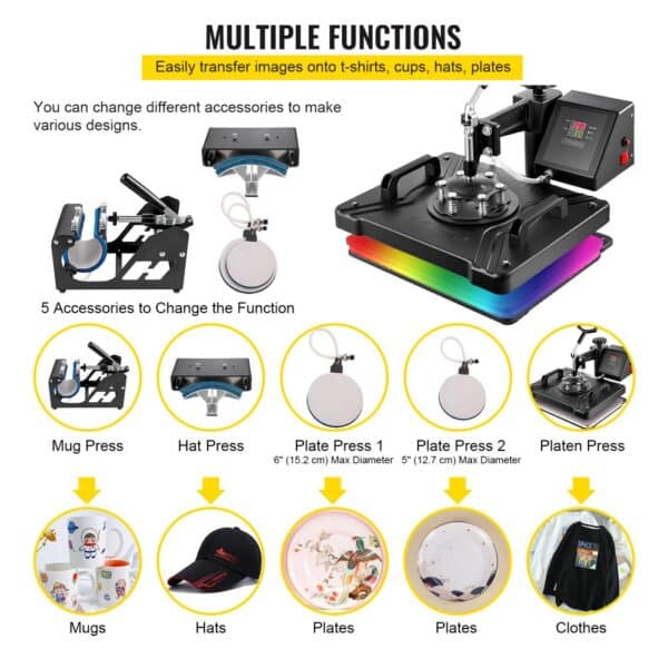 VEVOR Heat Press 5 in 1 Heat Press Machine 38x30cm T-shirt Press Mug Printing Machine Multifuctional Heat Transfer Machine for T-shirt Mug Hat Plate Transfer Printer