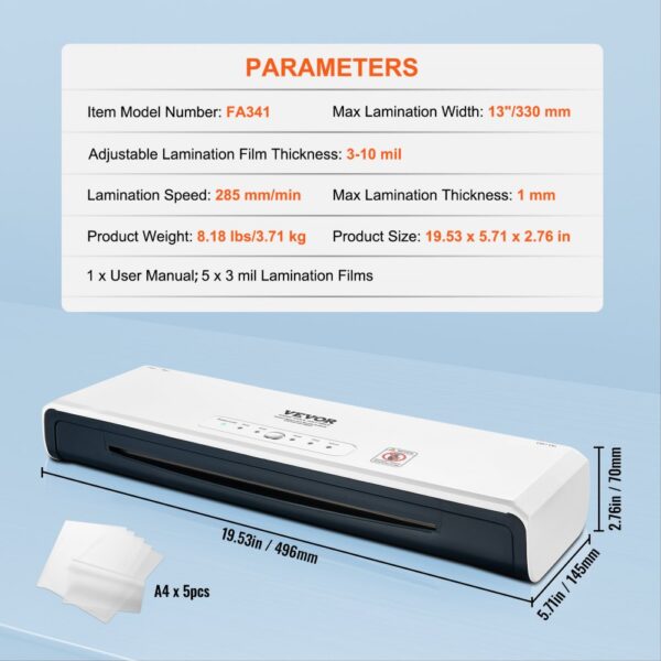 VEVOR Laminator, 13-inch Laminating Machine, 4 Rollers Hot and Cold Thermal Laminator, Quick Warm-up, Fast Laminating Machine with 3 mil Lamination Films for Home, Office, School