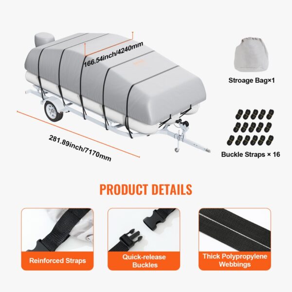 VEVOR pontoon boat cover on trailer, with reinforced straps, quick-release buckles, storage bag.