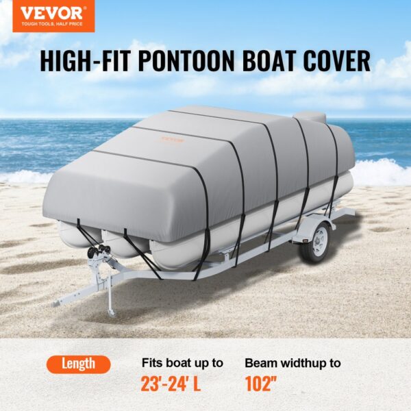 VEVOR pontoon boat cover fits boats 23-24ft with 102in beam width, shown on a beach with blue sky.