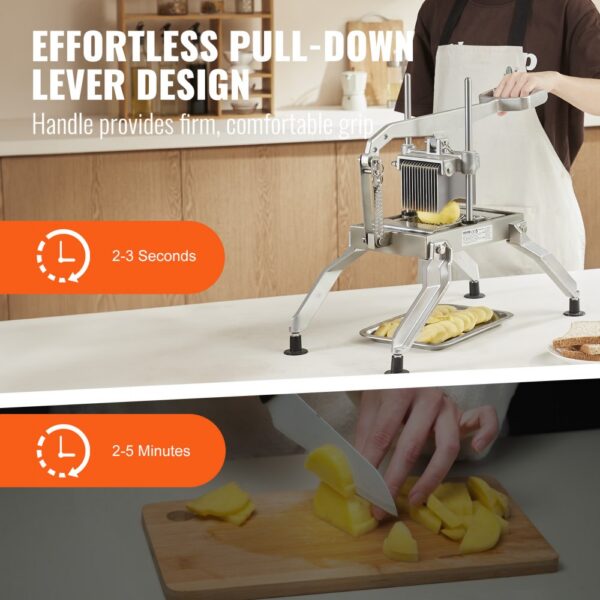 VEVOR tomato slicer with pull-down lever design offers effortless slicing, shown beside manual slicing.