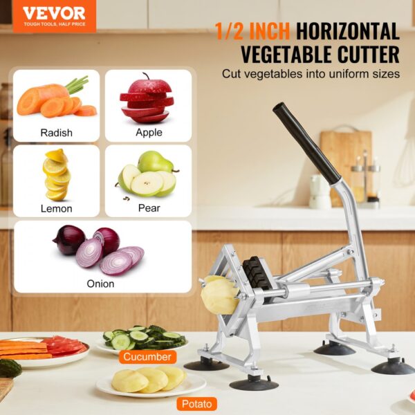 VEVOR vegetable slicer in kitchen, cuts radish, apple, lemon, pear, onion, cucumber, and potato.